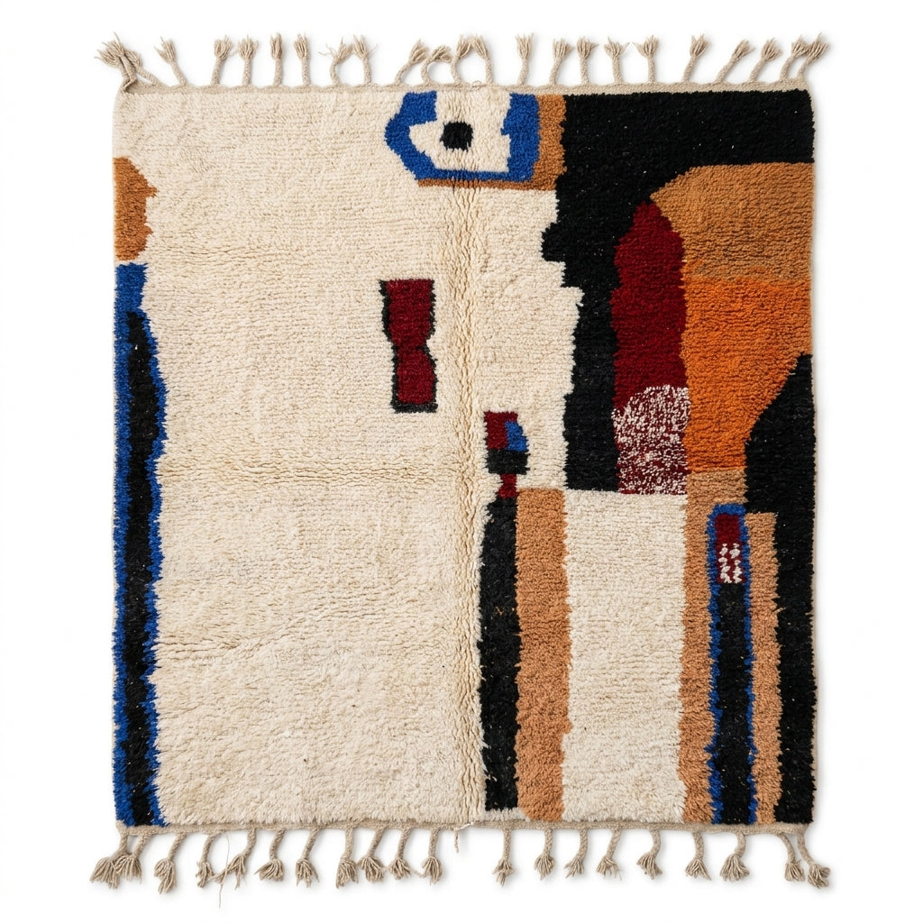 Cobalt Spark Azilal rug, handwoven wool with cobalt blue, orange, red and black abstract motifs, flat lay top view