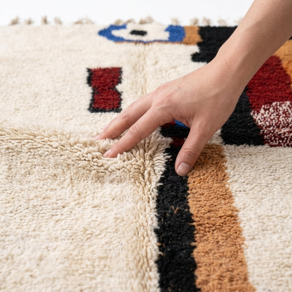 Cobalt Spark Azilal rug — hand resting on the soft wool pile