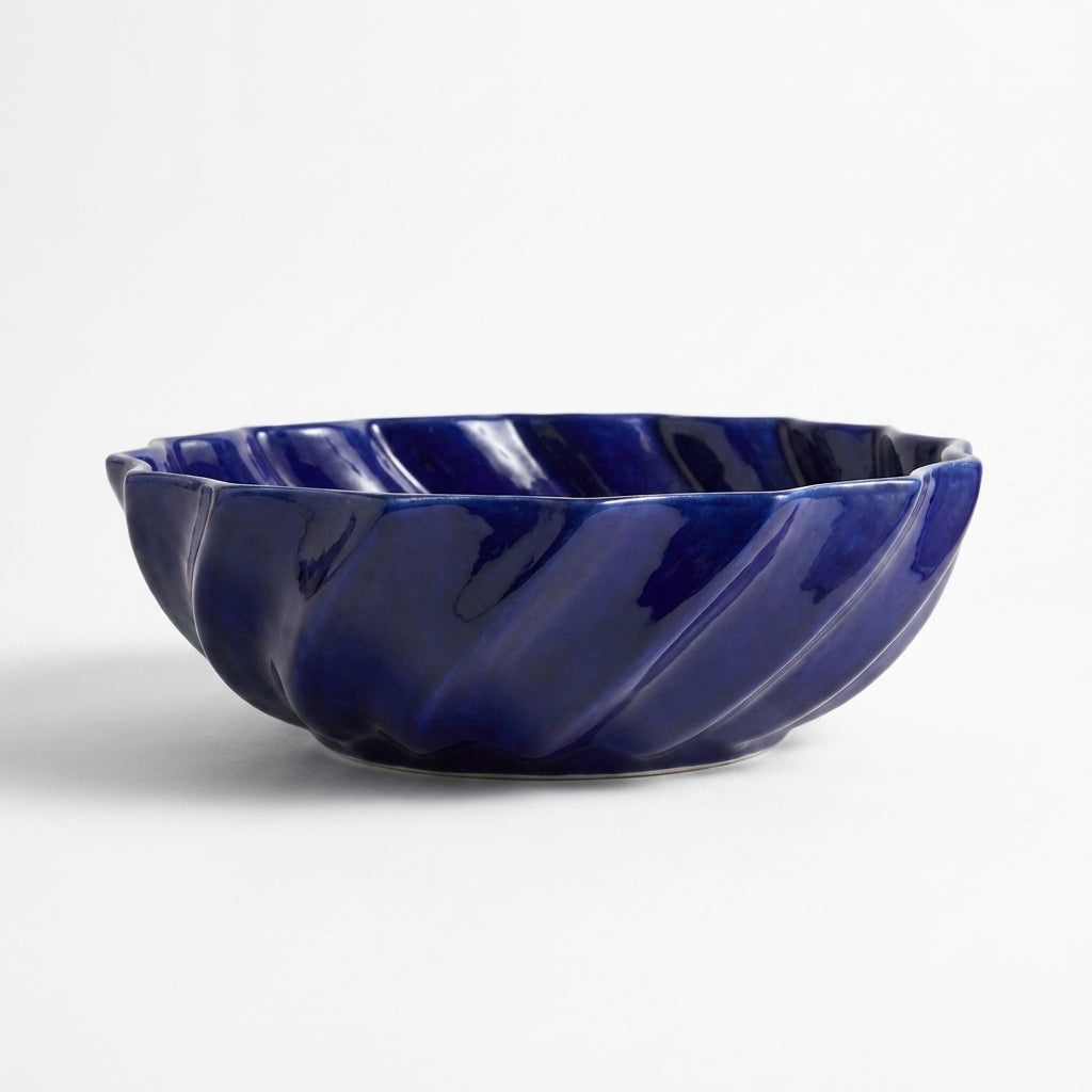 Cobalt Twist Moroccan ceramic sink - side view of fluted cobalt bowl