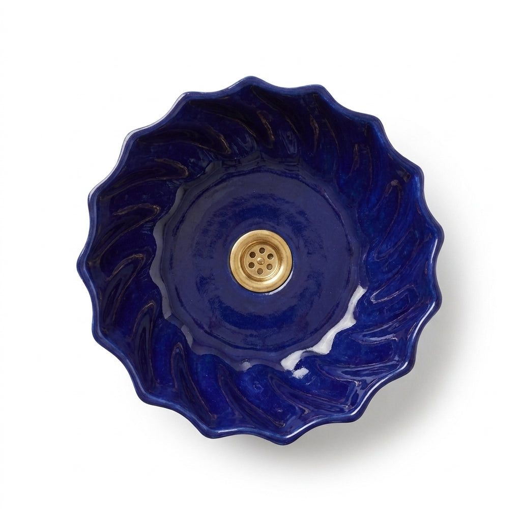 Cobalt Twist Moroccan ceramic sink - detail of sculpted spiral