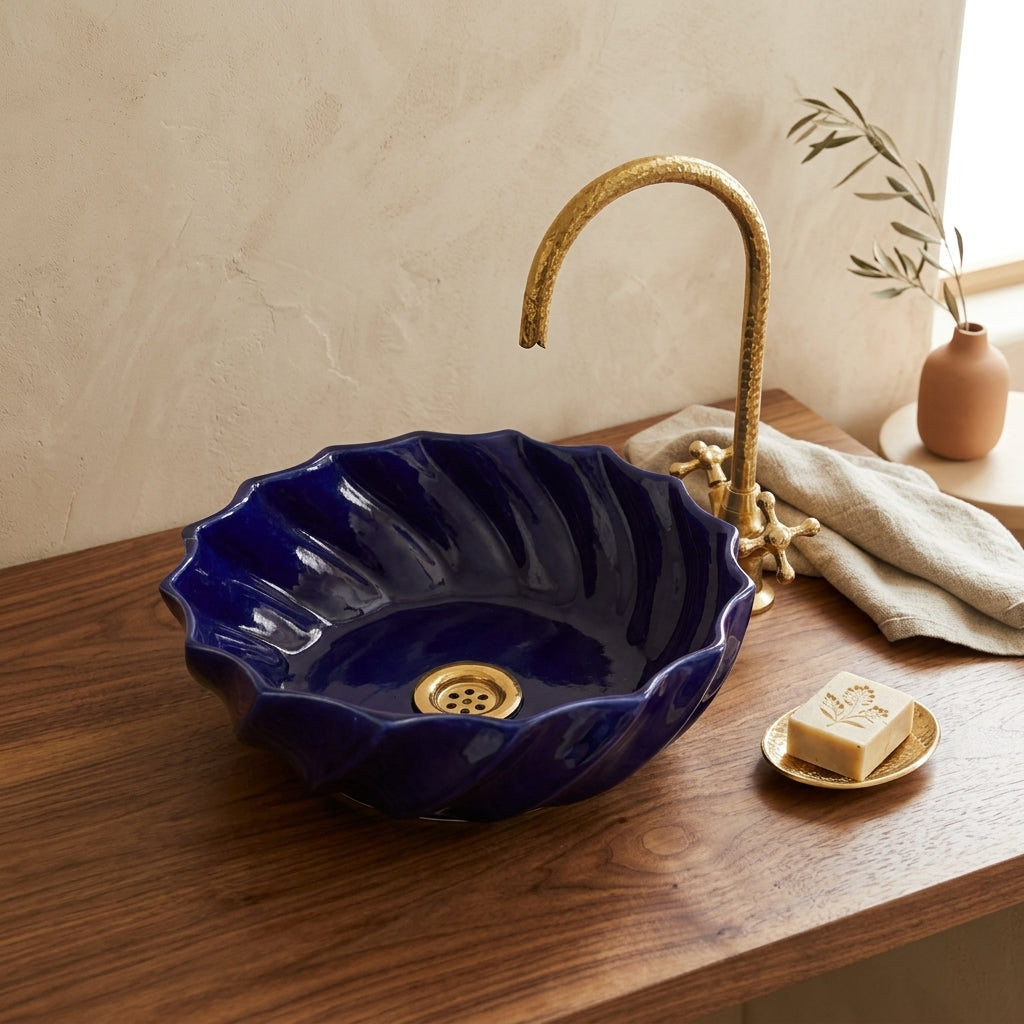 Cobalt Twist Moroccan ceramic vessel sink styled on a bathroom counter in a Moroccan-inspired setting