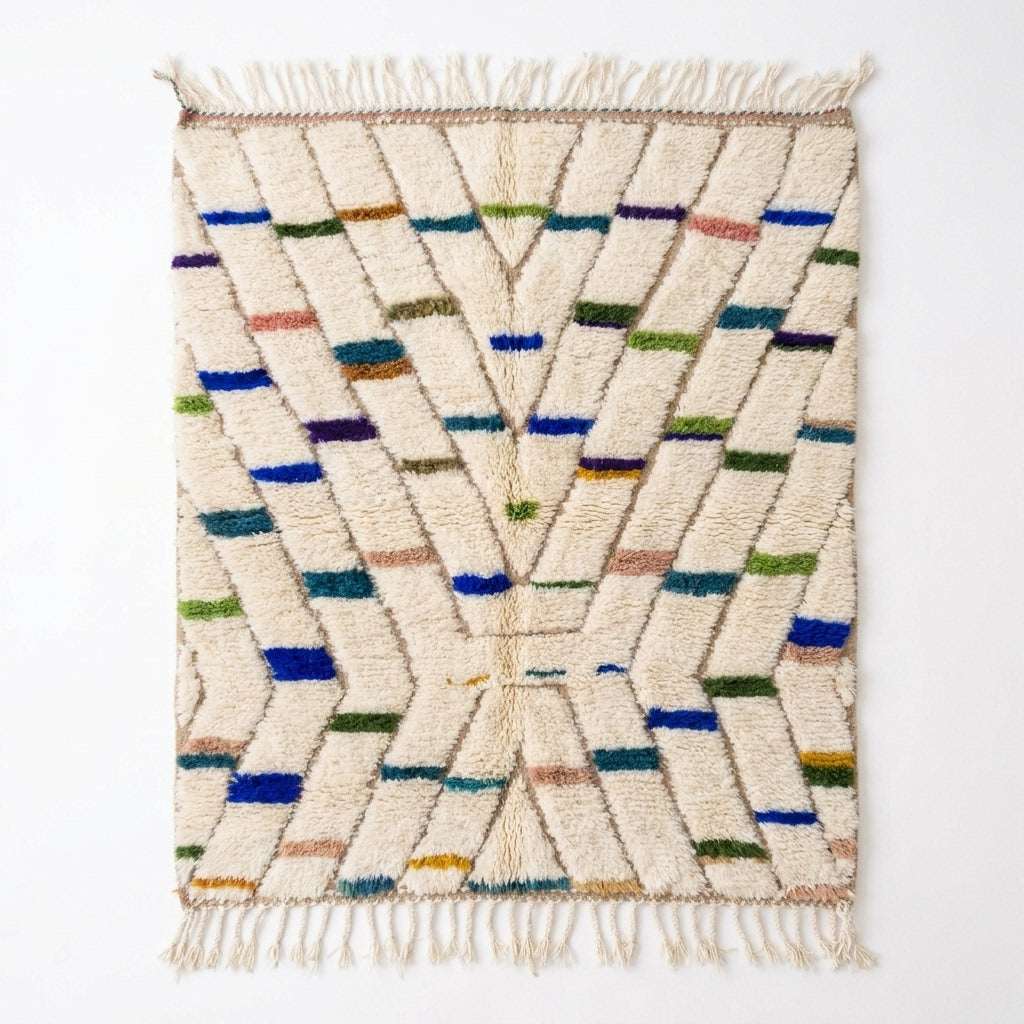 Confetti Dash Azilal rug, handwoven wool with blue, green, teal, mustard and pink dashes, flat lay top view