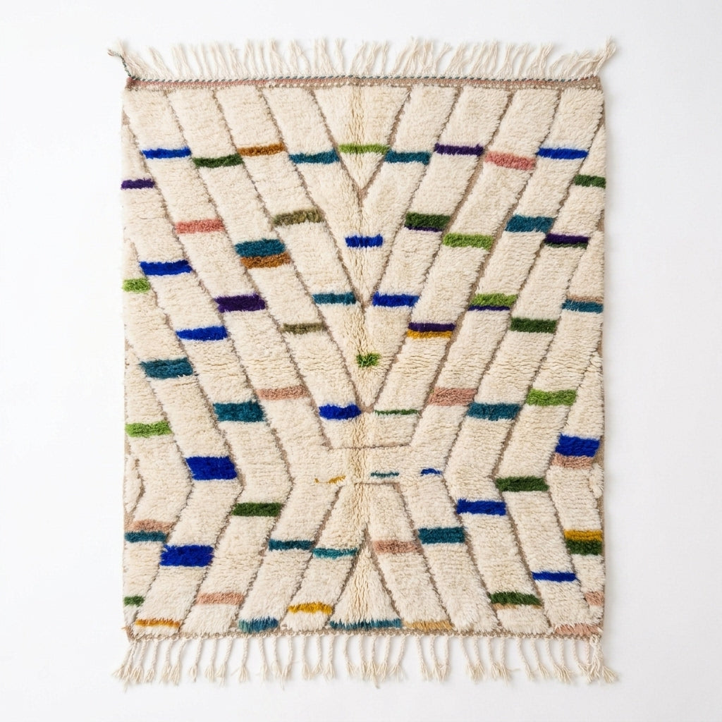 Confetti Dash Azilal rug, handwoven wool with blue, green, teal, mustard and pink dashes, flat lay top view