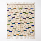 Confetti Dash Azilal rug, handwoven wool with blue, green, teal, mustard and pink dashes, flat lay top view