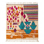 Coral Bloom Azilal rug, handwoven wool with coral pink and orange diamonds with teal accents, flat lay top view