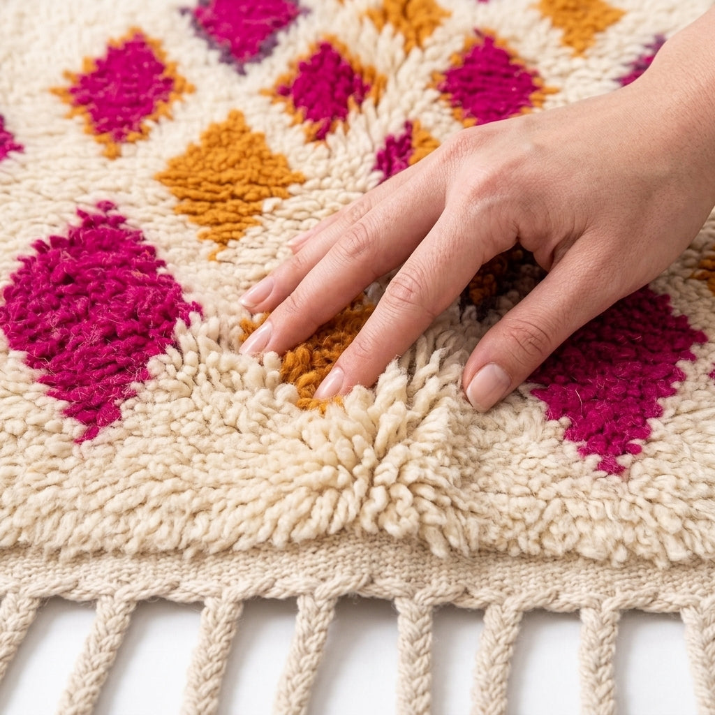 Coral Bloom Azilal rug — hand resting on the soft wool pile