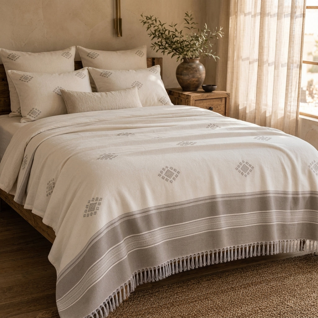 Misty Grey Diamond bedspread styled on a bed in a Moroccan bedroom