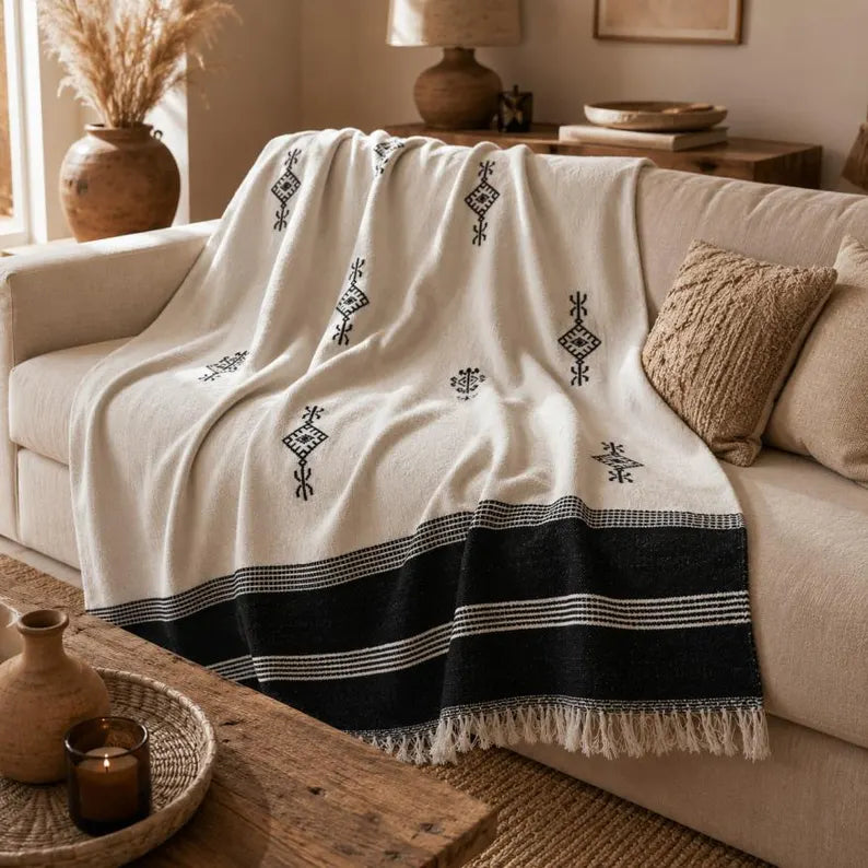 Amazigh Signs bedspread detail, handwoven Moroccan cotton, photo 9