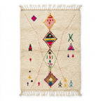 Diamond Heart Azilal rug, handwoven wool with central colored diamonds and tribal symbols, flat lay top view