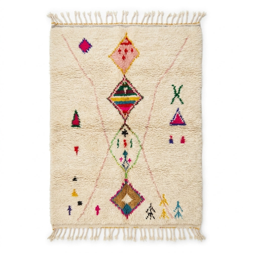 Diamond Heart Azilal rug, handwoven wool with central colored diamonds and tribal symbols, flat lay top view