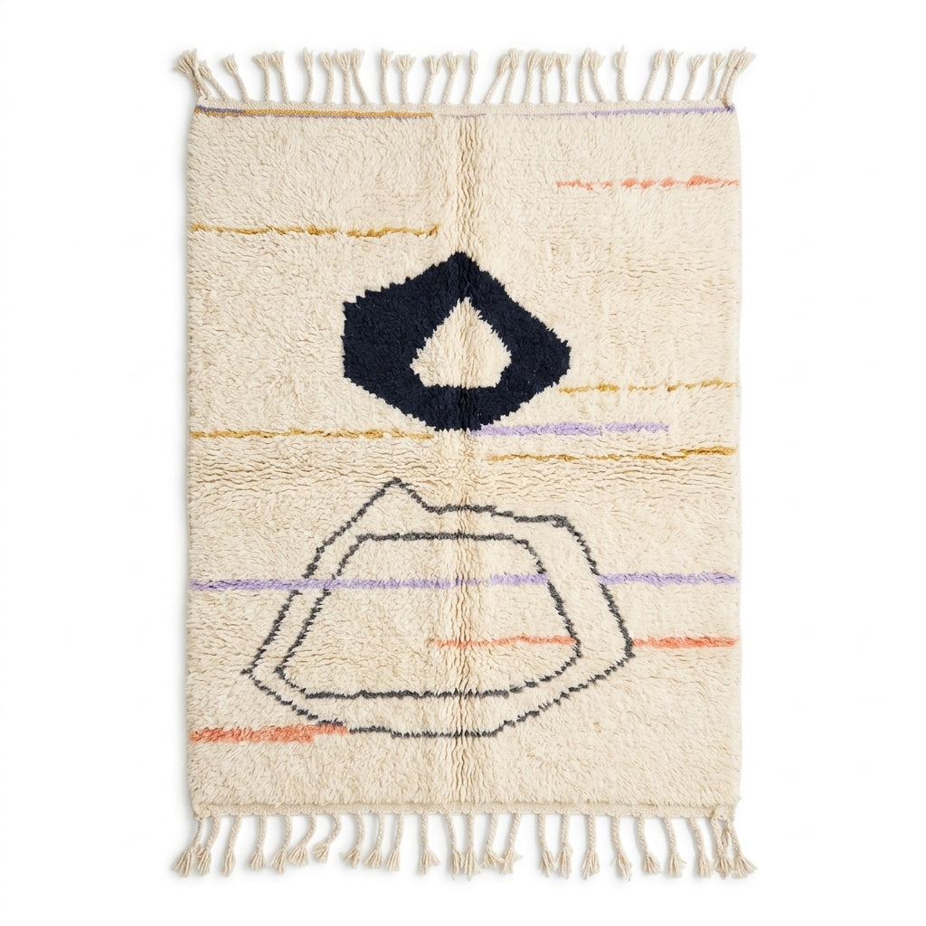 Midnight pebble Azilal rug — ivory wool with black pebble outlines and pastel dashes, flat lay