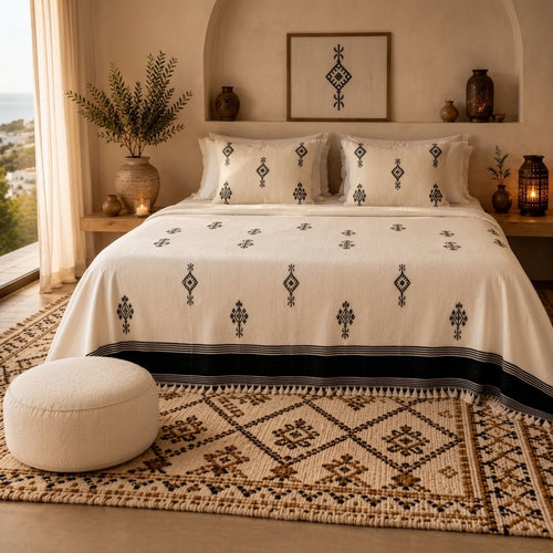 Amazigh Signs bedspread styled on a bed in a Moroccan bedroom
