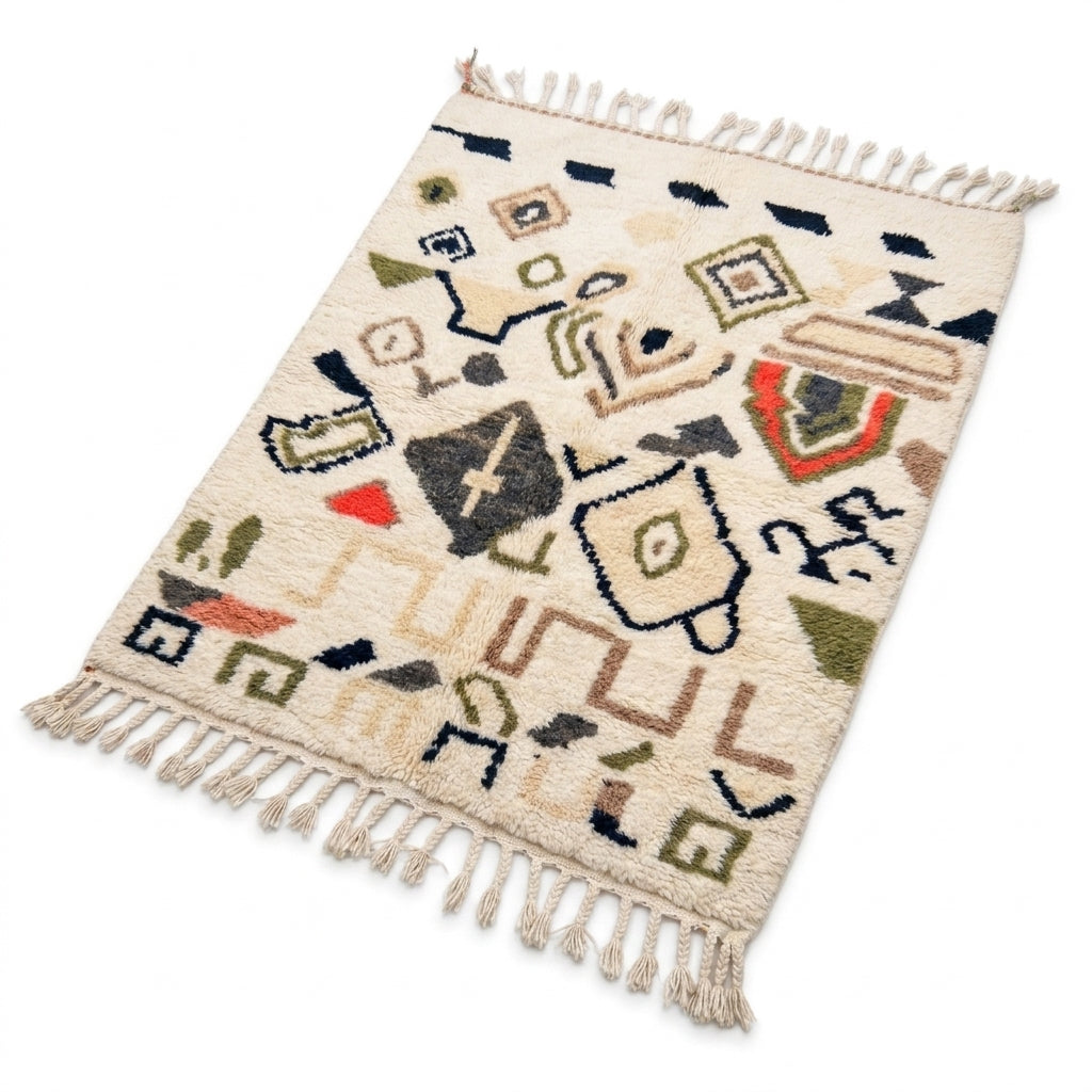 Earthen Field Mrirt rug, handwoven wool with muted olive, brown, beige and navy tones with red accents, flat lay top view