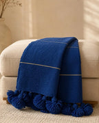 Majorelle Blue Pompom bedspread detail, handwoven Moroccan cotton, photo 2