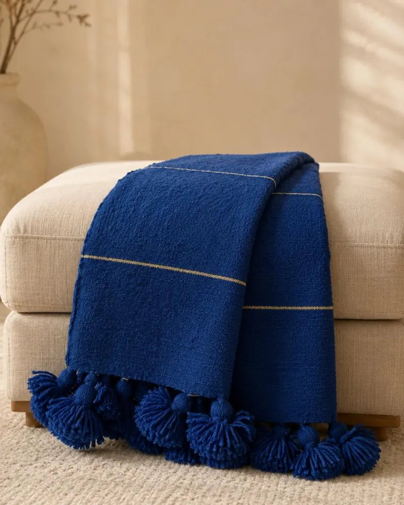 Majorelle Blue Pompom bedspread detail, handwoven Moroccan cotton, photo 2