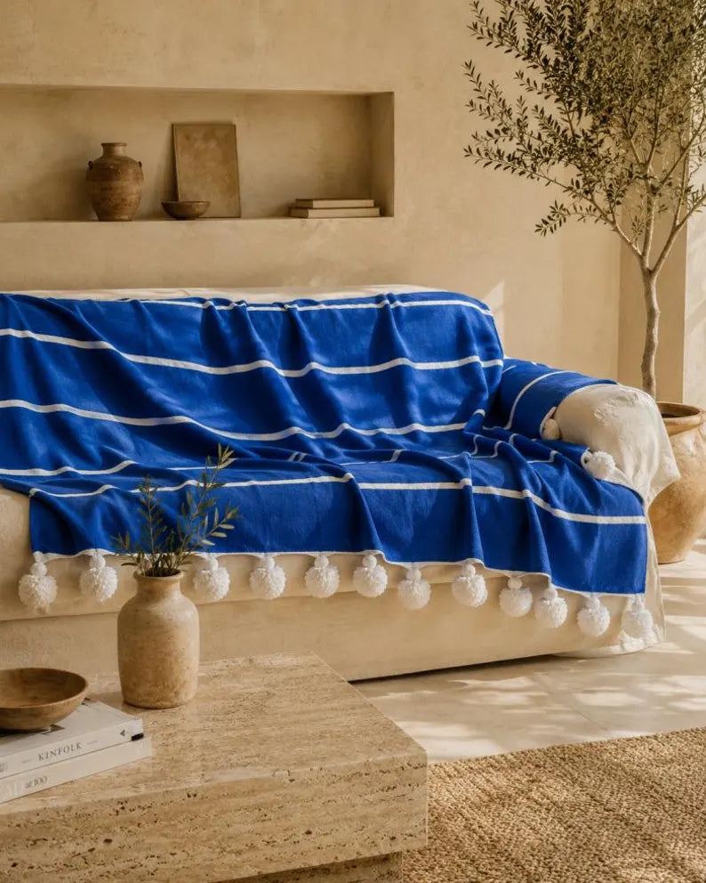 Riviera Stripe Pompom bedspread detail, handwoven Moroccan cotton, photo 5