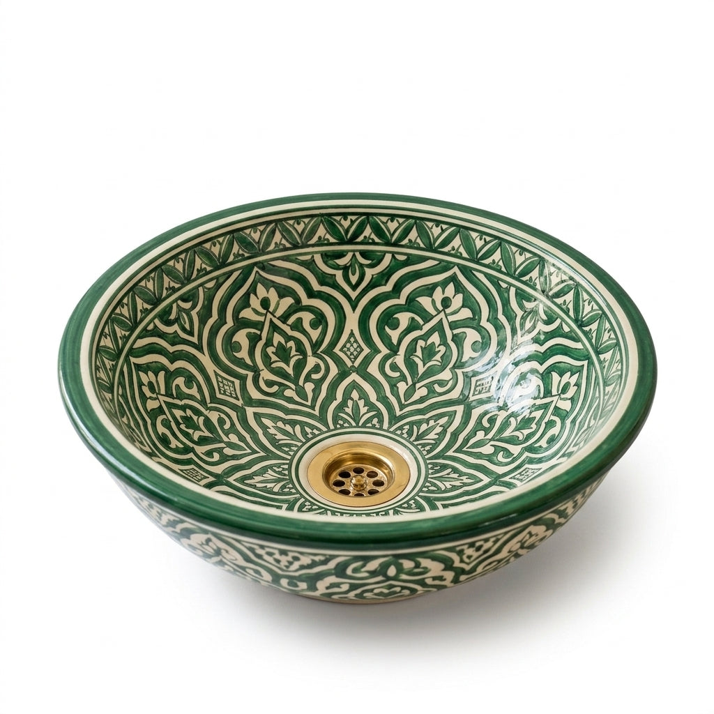 Emerald Arabesque Moroccan ceramic sink - angled view of green arabesques