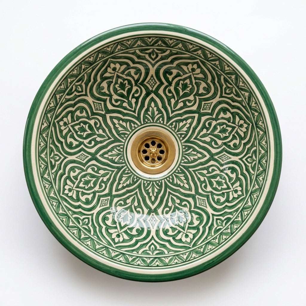 Emerald Arabesque Moroccan ceramic sink - top-down view