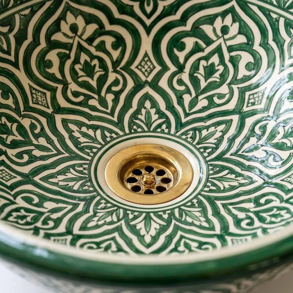 Emerald Arabesque Moroccan ceramic sink - close-up of pattern texture
