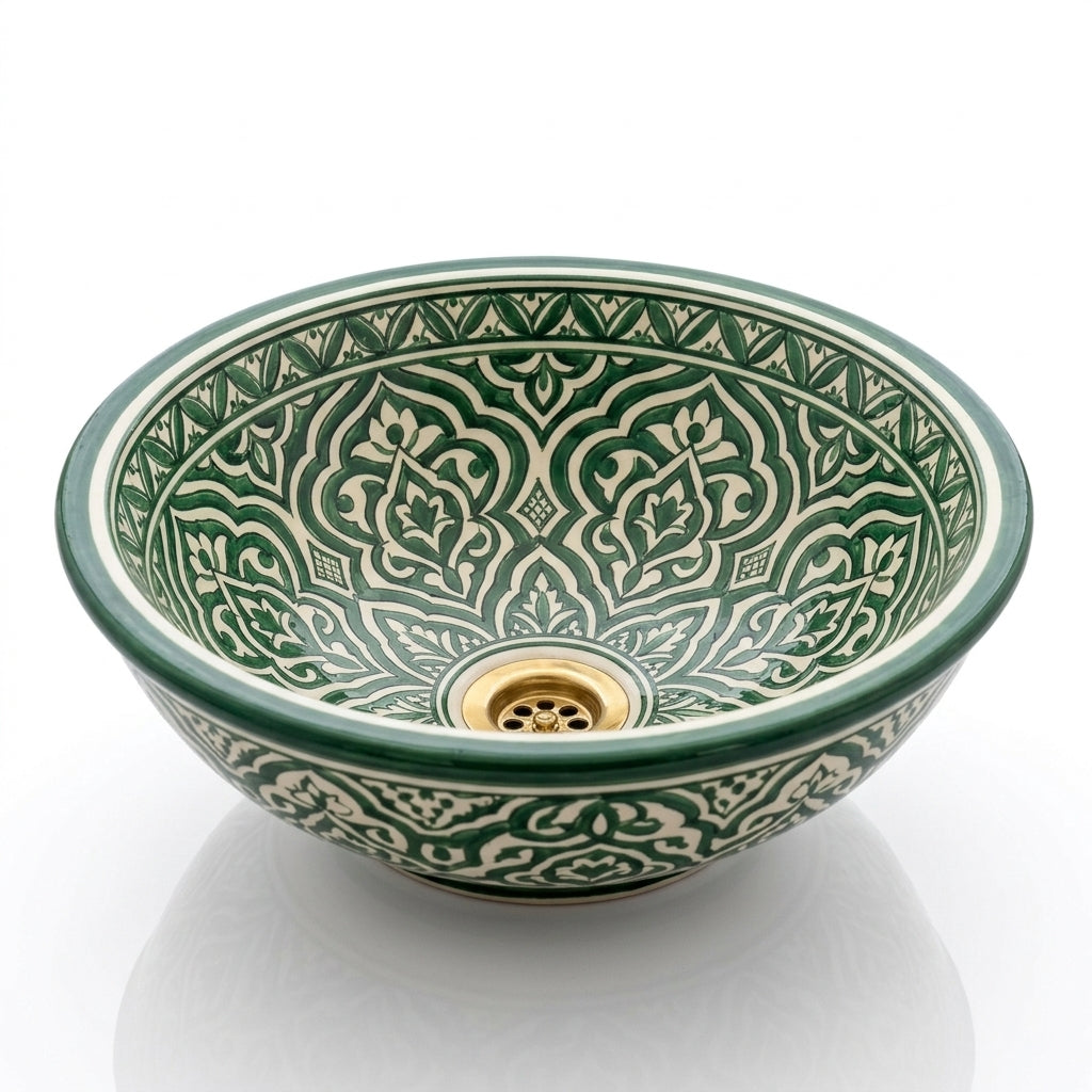Emerald Arabesque Moroccan ceramic sink - white background view