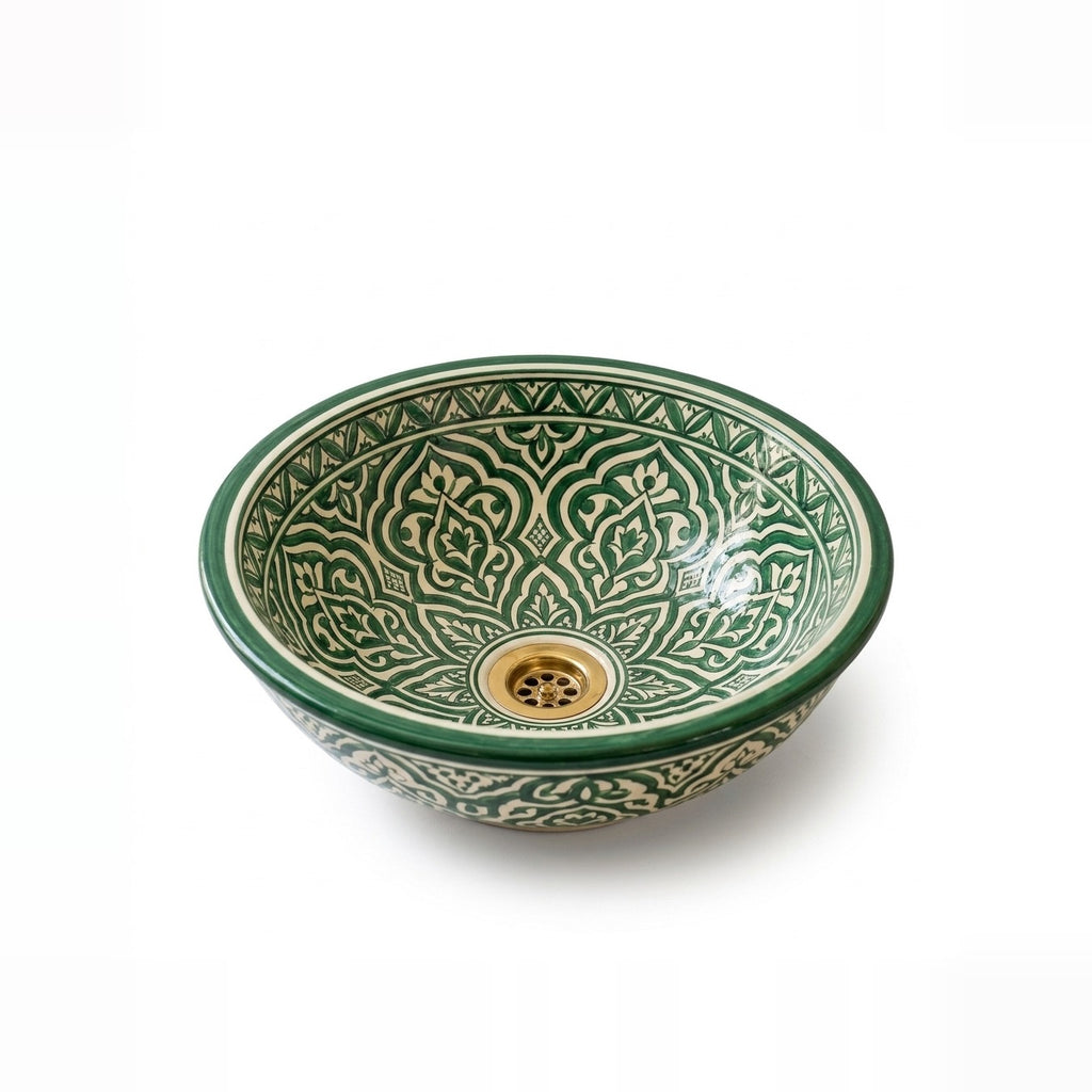 Emerald Arabesque Moroccan ceramic vessel sink - emerald green Fessi arabesques on cream with brass drain