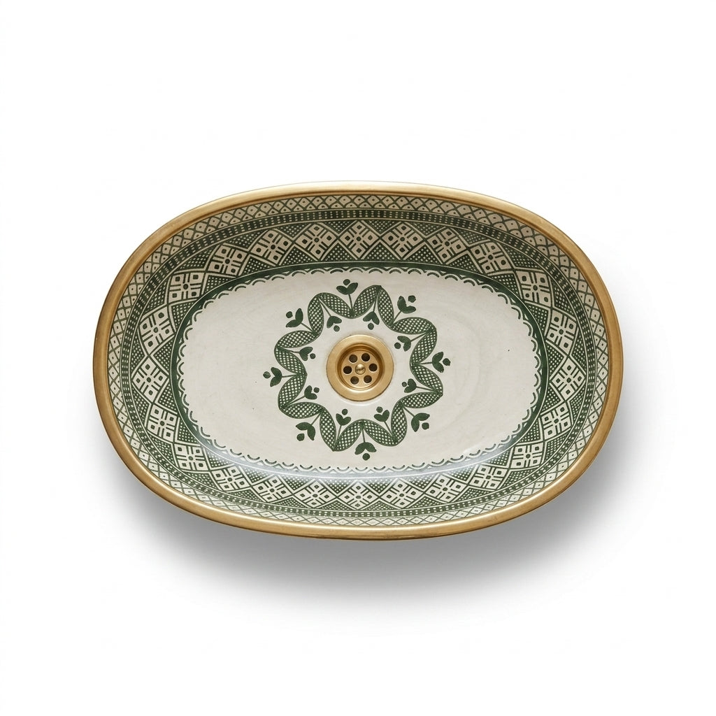 Emerald and Gold Moroccan ceramic sink - side angle showing gold rim