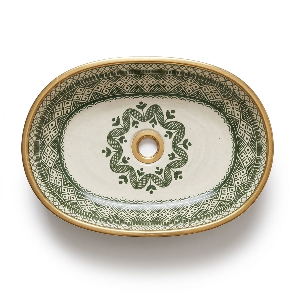 Emerald and Gold Moroccan ceramic sink - top view of green medallion basin