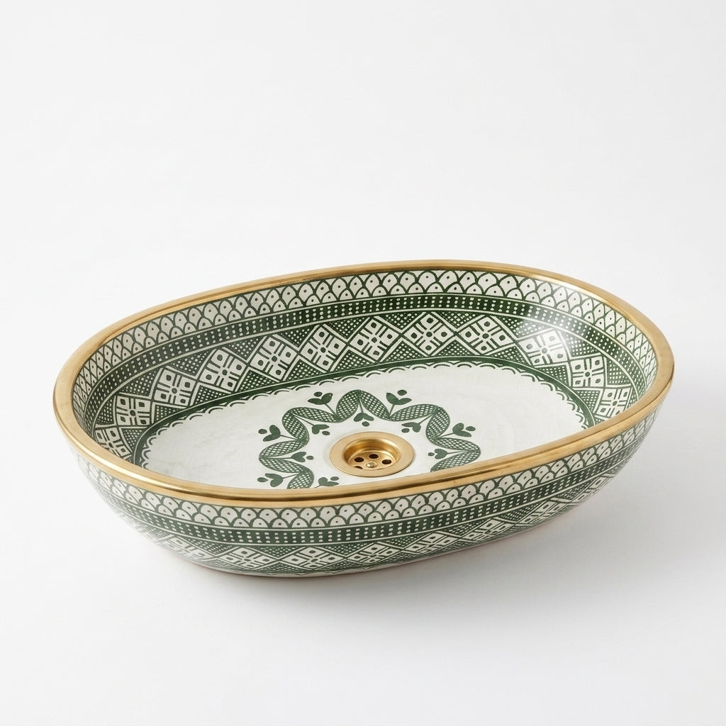 Emerald and Gold Moroccan ceramic sink - close-up of green pattern and gold detailing