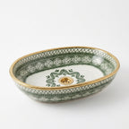 Emerald and Gold Moroccan ceramic sink - close-up of green pattern and gold detailing