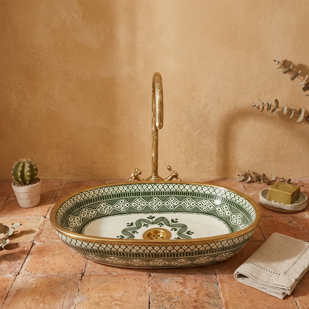 Emerald and Gold Moroccan ceramic vessel sink styled on a bathroom counter in a Moroccan-inspired setting