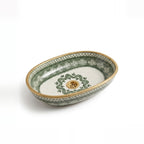 Emerald and Gold Moroccan ceramic vessel sink - green geometric pattern with hand-gilded gold rim and gold drain