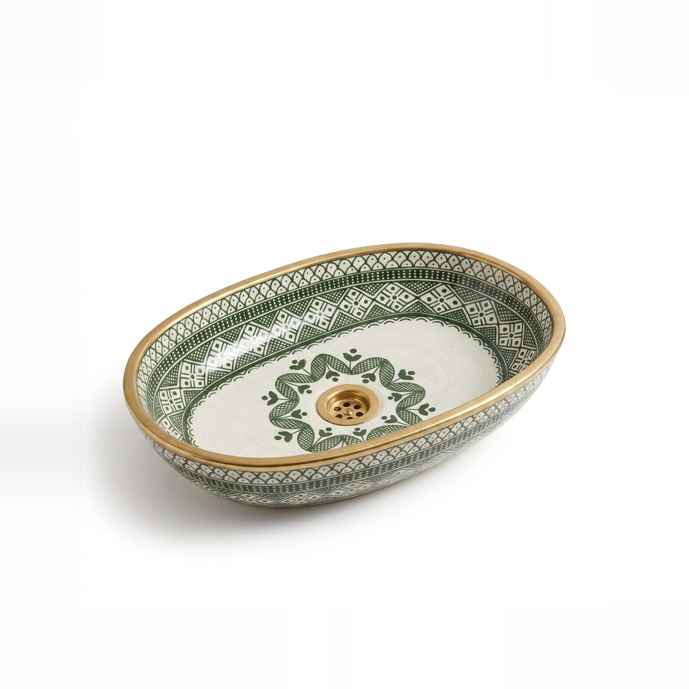 Emerald and Gold Moroccan ceramic vessel sink - green geometric pattern with hand-gilded gold rim and gold drain