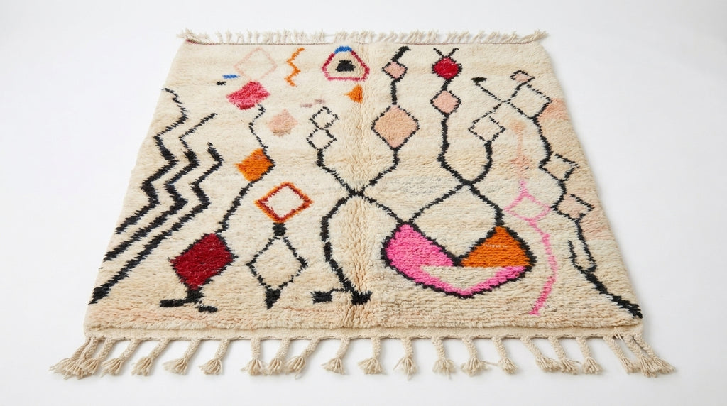 Zigzag Bloom Beni Ourain rug full view at an angle on white studio background