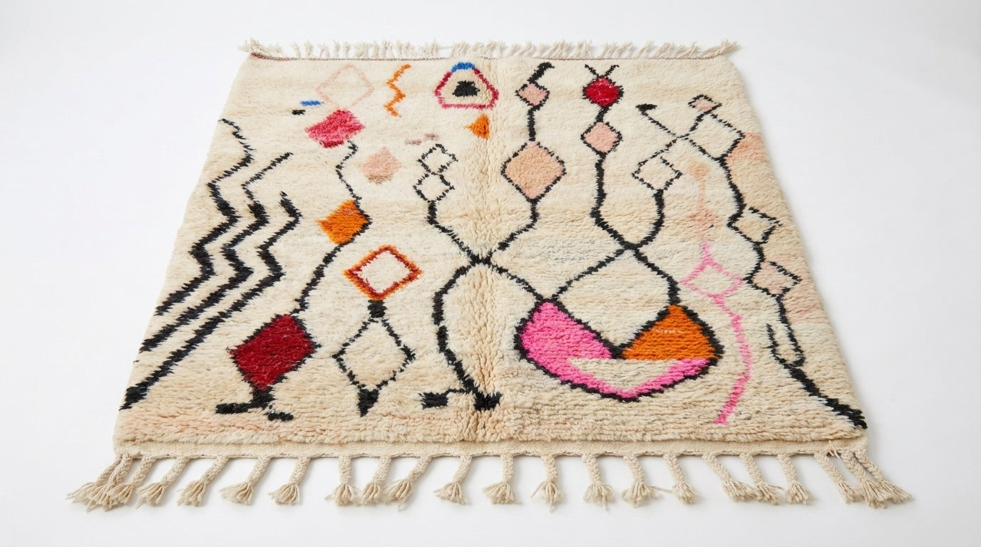 Zigzag Bloom Beni Ourain rug full view at an angle on white studio background