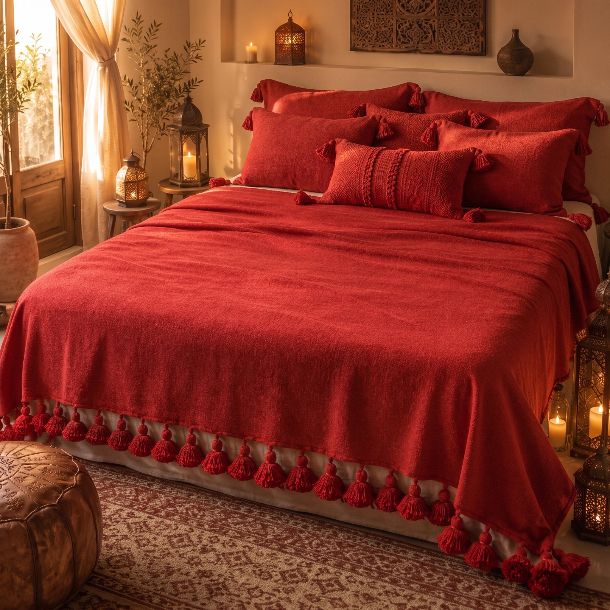 Berber Red Tassel bedspread styled on a bed in a Moroccan bedroom