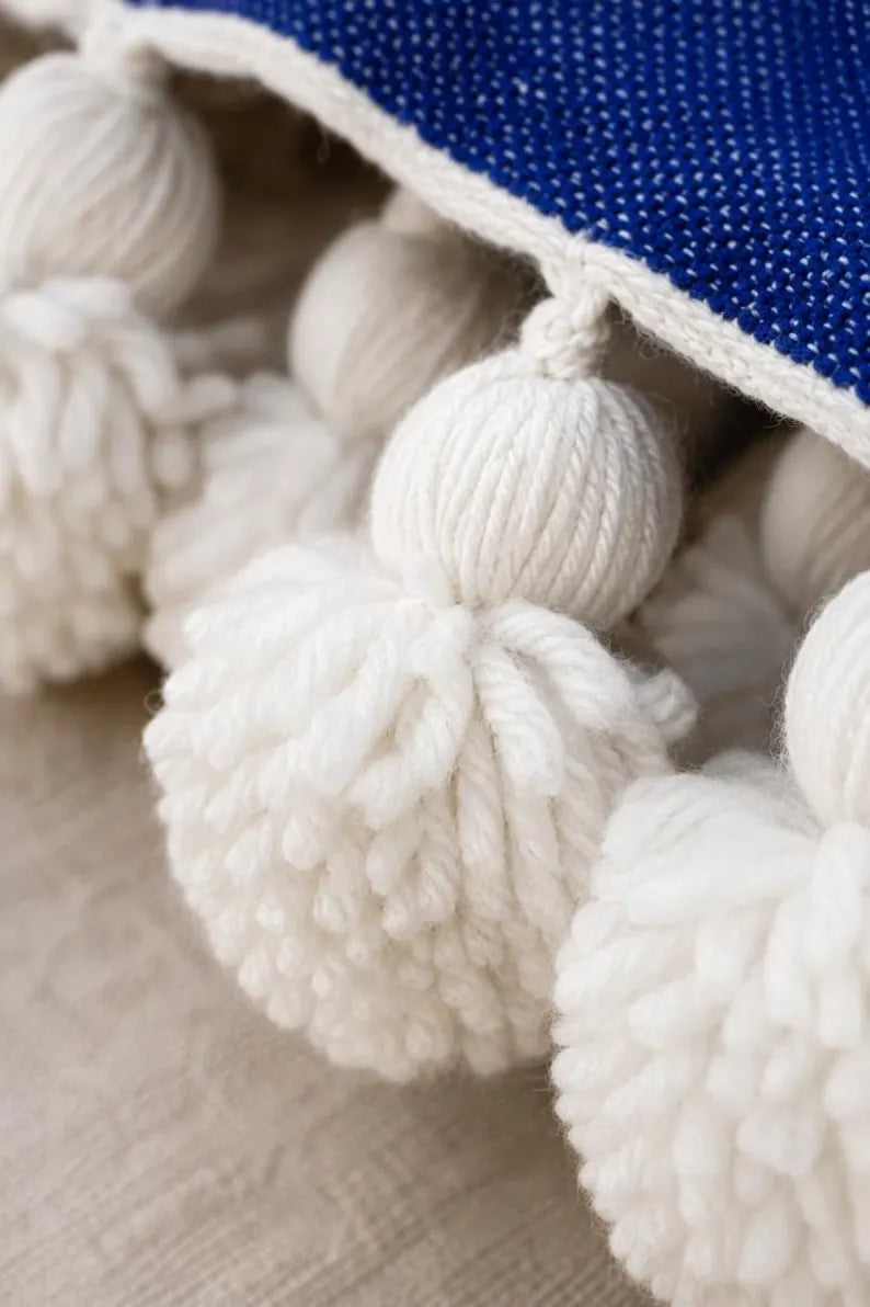 Riviera Stripe Pompom bedspread detail, handwoven Moroccan cotton, photo 7