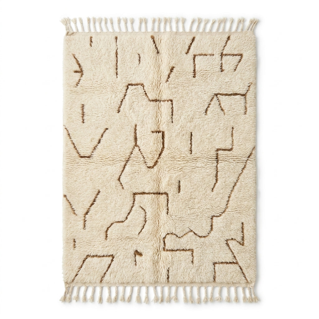 Desert lines Azilal rug — cream wool with minimalist brown line glyphs, flat lay