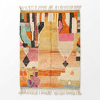 Apricot patchwork Boujaad rug — warm pastel color blocks in peach, pink, mint and charcoal, flat lay