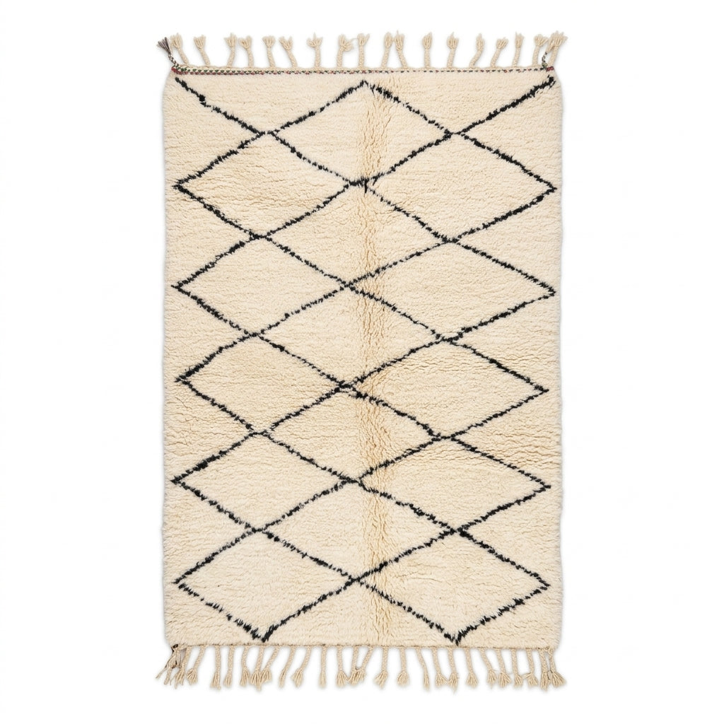 Authentic Beni Ourain rug — cream wool with black diamond pattern, flat lay