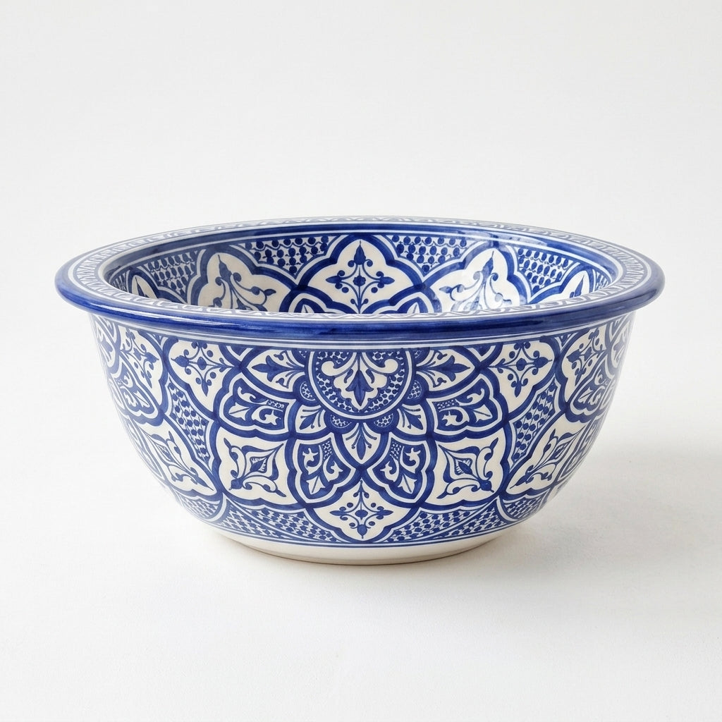 Fessi Bloom Blue Moroccan ceramic sink - angled view of cobalt mandala