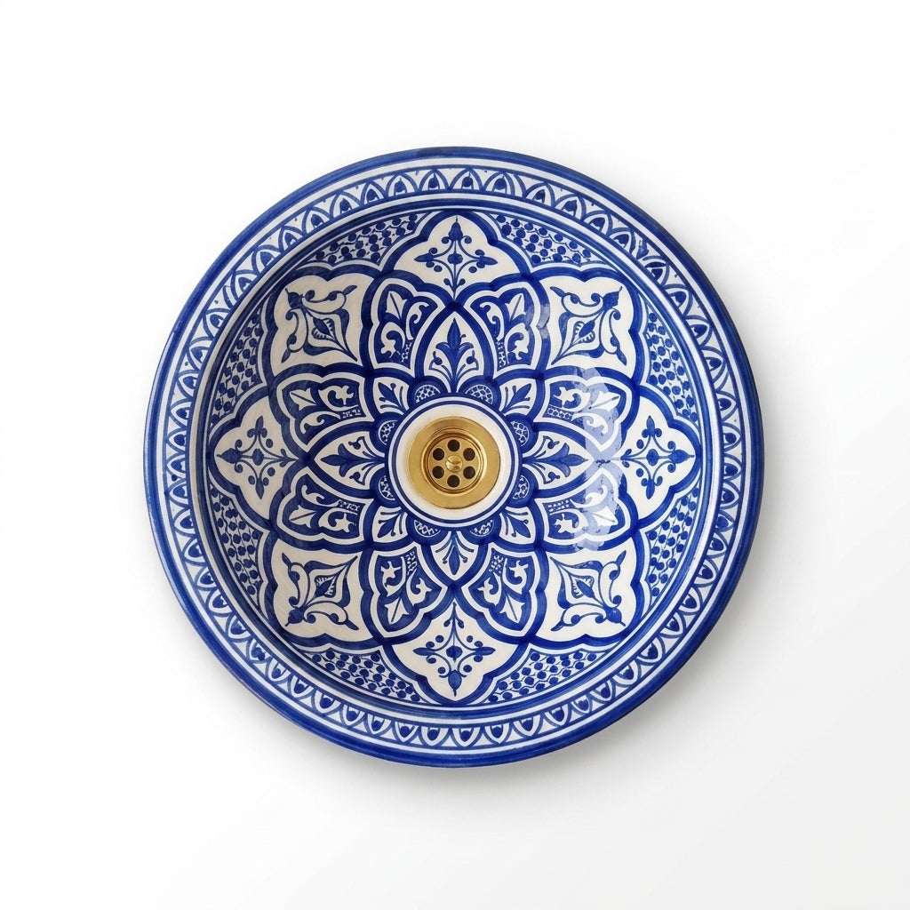 Fessi Bloom Blue Moroccan ceramic sink - top-down view of arch band interior
