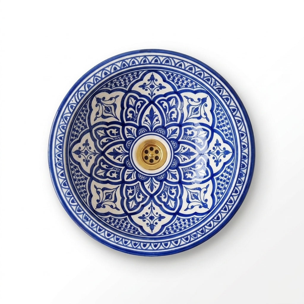 Fessi Bloom Blue Moroccan ceramic sink - top-down view of arch band interior