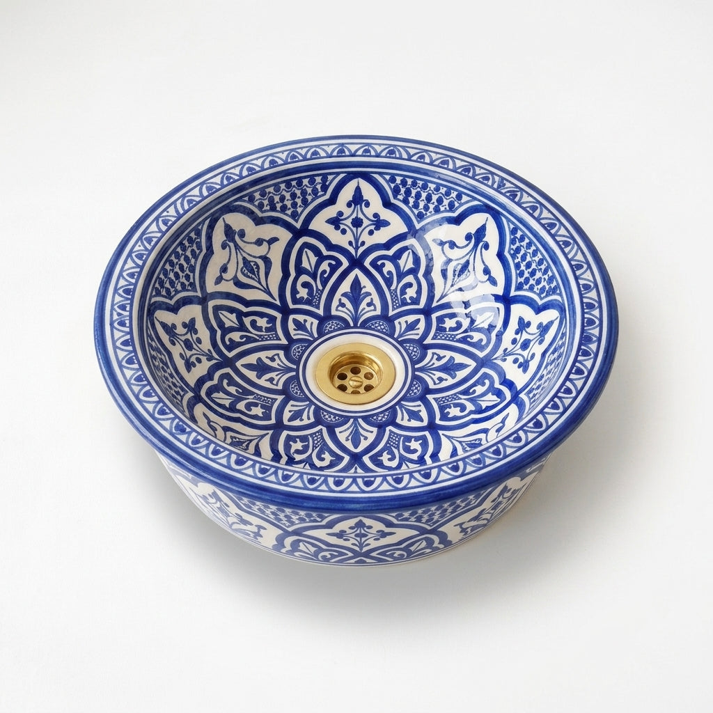 Fessi Bloom Blue Moroccan ceramic sink - white background view
