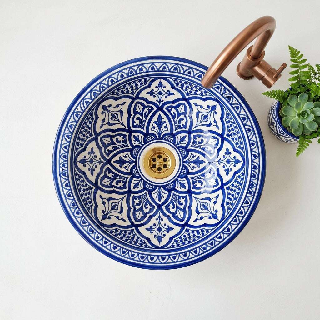 Fessi Bloom Blue Moroccan ceramic vessel sink - full view