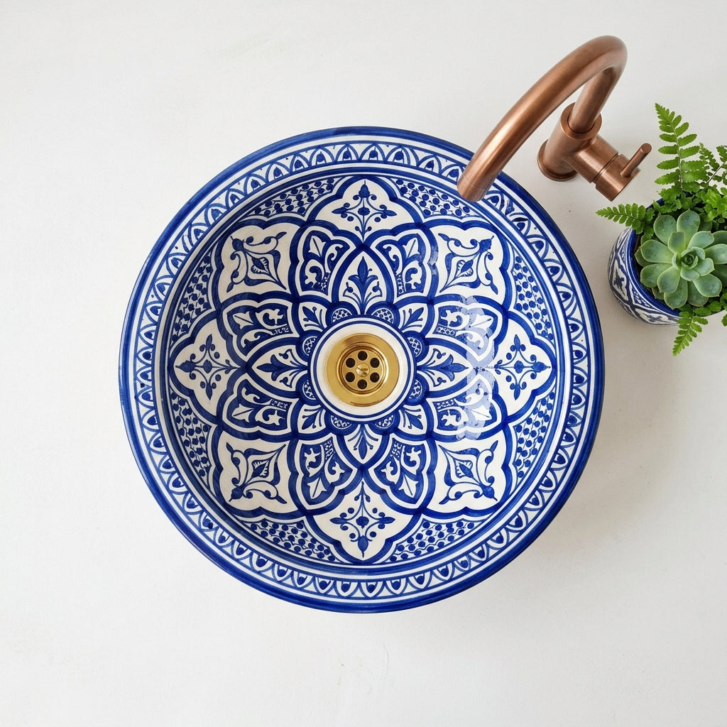 Fessi Bloom Blue Moroccan ceramic vessel sink - full view
