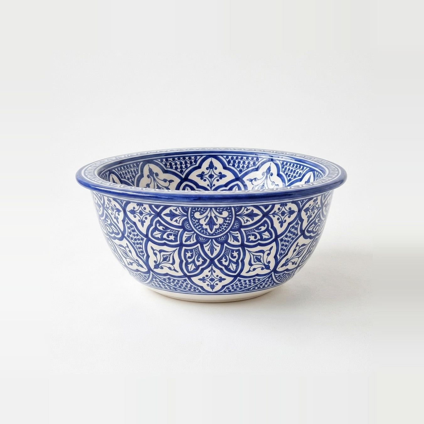 Fessi Bloom Blue Moroccan ceramic vessel sink - dense cobalt Fessi floral mandala with flared blue rim