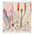 Festival Confetti Azilal rug, handwoven wool with blue, red, orange and green lines with confetti dots, flat lay top view