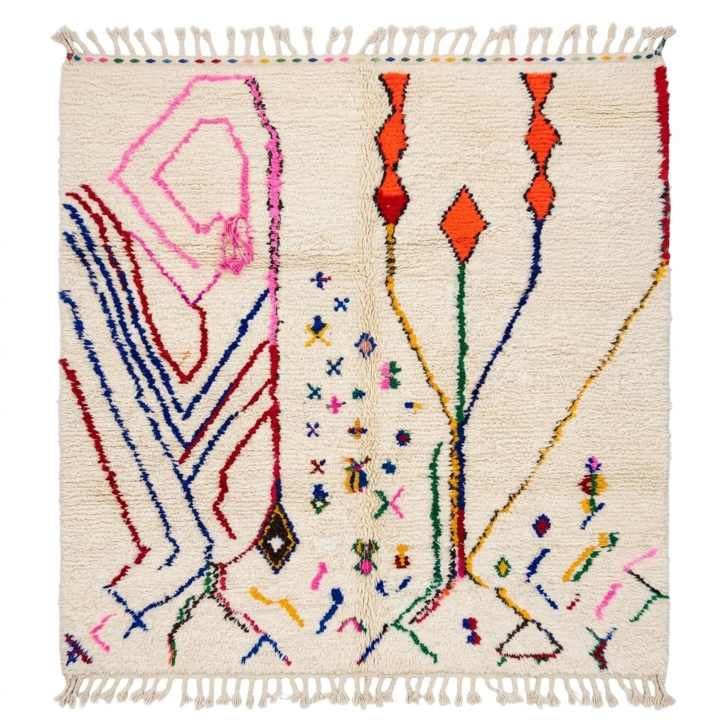 Festival Confetti Azilal rug, handwoven wool with blue, red, orange and green lines with confetti dots, flat lay top view