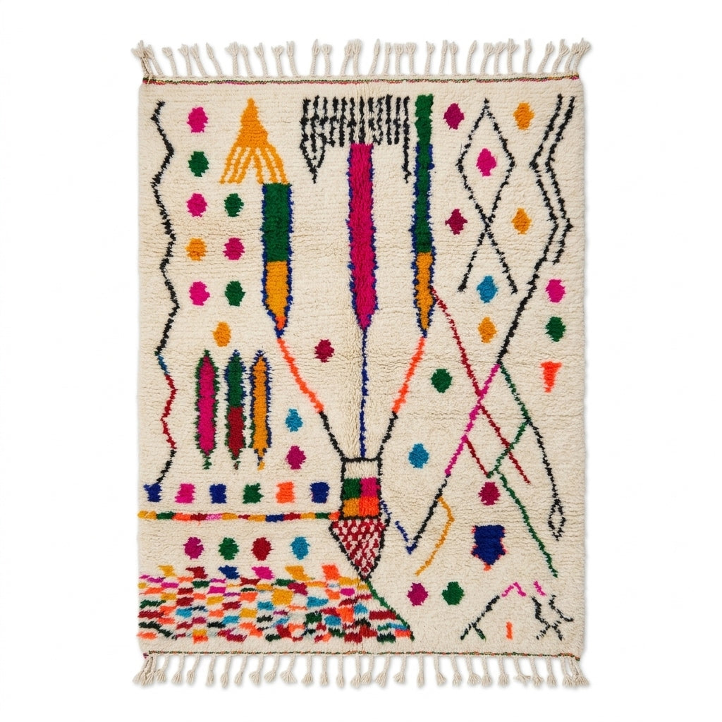 Fiesta Bloom Azilal rug, handwoven wool with pink, orange, green and blue motifs, flat lay top view