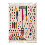 Fiesta Bloom Azilal rug, handwoven wool with pink, orange, green and blue motifs, flat lay top view